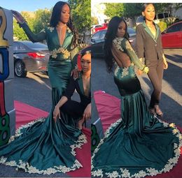Dark Green V Neck Satin Mermaid Prom Dresses Sleeves Gold Appliqued Backless Long Tulle Party Evening Gowns BC