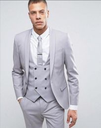 Custom Made Groomsmen Silver Grey Groom Tuxedos Shawl Lapel Men Suits Wedding Best Man Bridegroom (Jacket + Pants + Vest + Tie) L114