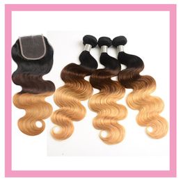 Peruvian Human Hiar 1B 4 27 Ombre Hair Bundles With 4X4 Lace Closure With Baby Hair Body Wave 1B/4/27 Hair Products 10-28inch