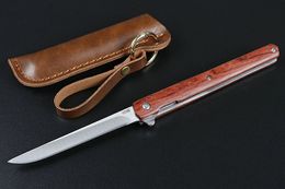 Special Offer Cheap Flipper Folding Knife 440C Tanto/Drop Point Satin Blade Rosewood Handle Ball Bearing With Leather Sheath