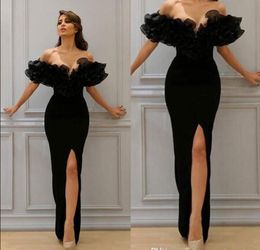 Sexy Black Sheath Evening Dresses 2019 New Custom Ruffled Floor Length High side Split Off-the-shoulder Formal Party Gowns Hot Selling