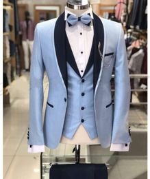 Fashion Sky Blue Groom Tuxedos Black Shawl Lapel Groomsmen Mens Wedding Dress Fashion Man Jacket Blazer 3Piece Suit(Jacket+Pants+Vest+Tie)80