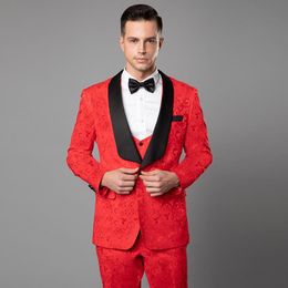 Tuxedos de mariage Jacquard Hommes Tuxedos de marié rouge / noir / blanc châle revers populaire hommes Veste Blazer 3 Piece Suit (veste + pantalon + cravate + gilet) 2069