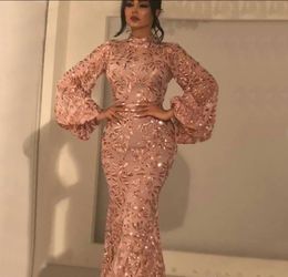 2019 rose gold New Fashion High Neck Mermaid Evening Dresses sequined Lace Long Sleeves Arabic Formal Prom Dresses Party Gowns Floor Length