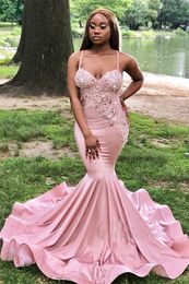 Sexy Sequins Spaghetti-Straps Pink Appliques Prom Dresses Mermaid Party Gowns robes de soiree