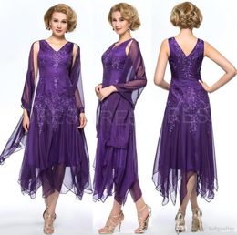 New Elegant Purple Mother of Bride Dresses Chiffon Sequined V Neck Tea Length Appliques Pleats Wrap Mother Formal Evening Gowns for Women