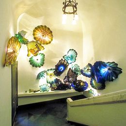 chihuly style murano flower glass plates wall arts multi Colour luxury 100 hand blown glass hanging plates irregular wave shape