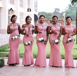 New African Mermaid Bridesmaid Dresses Two Styles Lace Appliques Short Sleeve Floor Length Plus Size Maid Of Honour Gowns Wedding Guest Dress