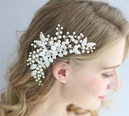 Royal Floral Flower Hair Comb Wedding Bridal Leaf Headpiece Pearl Crown Tiara Headband Prom Headdress Ornament Headwear Charming Comb Silver