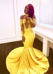 Sexy Yellow Black Girls Mermaid Prom Dresses Lace Long Sleeves Backless Satin Floor Length Formal Party Wear Evening Gowns Custom