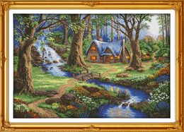 The cabin in the forest home decor painting ,Handmade Cross Stitch Embroidery Needlework sets counted print on canvas DMC 14CT /11CT