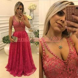 Modest Lace V-Neck Evening Dresses Beads Pearls Sheer Illusion Back Arabic Special Occasion Plus Size Party Formal Pageant Gowns Prom Dress