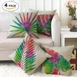 Tropical Flowers Green Leaves Cushion Cover Decorative Linen Pillowcase Square 18" Pillow Case Coffee House Sofa Waist Back Decor Party Gift