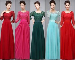 New Top Selling Elegant Lace and Chiffon Mother of The Bride Dresses See-Through 3/4 Long Sleeve Jewel Evening Dress