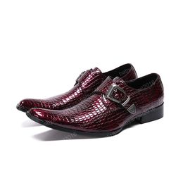 Snakeskin Pattern Men Party Leather Shoes Italian Handmade Business Oxfords Shoes Red Buckle Monk Strap Men Wedding Shoes