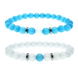 New 8MM Blue White Opal beads chains Bracelet For Women Men Couple Healing crystal Natural stone Strands beaded Bangle Fashion Jewellery