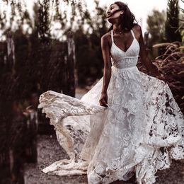 2020 Amazing Flower Lace Boho Beach Wedding Dress Bridal Gowns Spaghetti V-neck Slit Skirt Sweep Train Vestidos De Novia Wedding Gowns