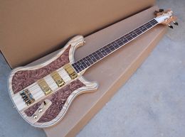 Factory Custom Brown 4-String CNC Engraving Pattern Electric Bass Guitar with Rosewood Fingerboard,Gold Hardwares,Ash Body,Offer Customised