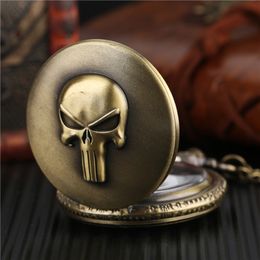 Vintage Bronze Skull Case Quartz Analogue Pocket Watch Fashion Necklace Chain Antique Style Fob Roman Numerals Watches295N