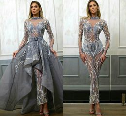 2019 Beaded High Neck Mermaid Prom Dresses Illusion Lace Sheer Long Sleeve Ankle Length Evening Dress Detachable Overskirts Formal Gowns