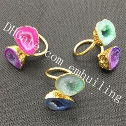 10Pcs Irregular Mixed Random Colour Double Druzy Geode Stone Rings Gold Electroplated Dyed Agate Quartz Gemstone Dual Rings Adjustable Size