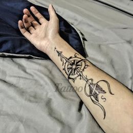 1 Pièces Boussole Flèches Chaud Noir Blanc Grande Fleur Henné Tatouage Temporaire Noir Mehndi Style Imperméable à L Eau De Tatouage Autocollant