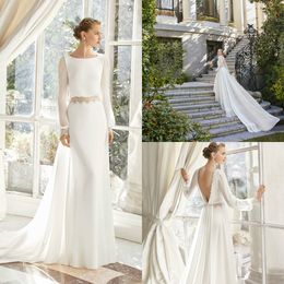 2019 Gali Karten Mermaid Wedding Dresses Scoop Neck Sweep Train Long Sleeve Backless Wedding Dress Custom Made Plus Size Bridal Gowns