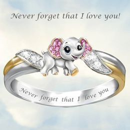 "Never Forget I Love You" Silver Cute Pink Elephant Crystal Zircon Engagement Ring Accessories Lover's Gift Anniversary Jewellery