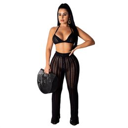 Summer Women Two Piece Pants Hollow Out Knitted See Through 2 Piece Outfits Halter Bandeau Top Long Pant Bikini Cover Up