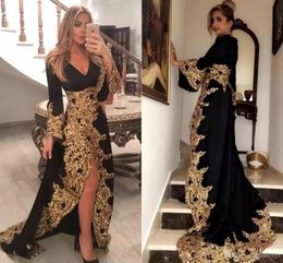 Arabic Dubai Sexy Black V Neck Evening Dresses Gold Appliques Long Sleeves High Side Split Prom Gowns Formal Dress Party Gowns