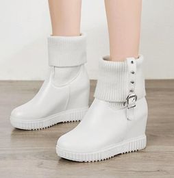 Plus Size 33 To 42 43 White Wool Knitting Platform Wedge Boots Invisible Height Increased Winter Boots Women