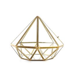 Gorgeous Diamond Shaped Glass Terrarium Pot Modern Geometric Brass Succulent Planter Miniature Greenhouse Creative Metal Wire Flower Vase