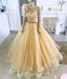 Arabic Aso Ebi Gold Lace Crystals Evening Dresses Long Sleeves Prom Dresses Vintage Formal Party Second Reception Gowns 2020