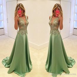 2024 Sexy Olive Green A Line Prom Dresses V Neck Lace Appliques Satin Sleeveless Sweep Train Plus Size Formal Party Dress Evening Gowns