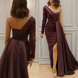 Eggplant Purple Evening Dresses One Shoulder Lace Appliques Sexy Split Long Prom Party Gowns Custom Made High Quality