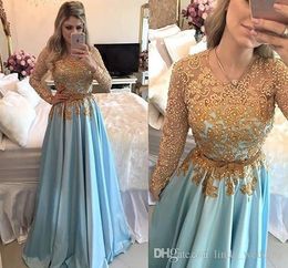 2019 Cheap Long Sleeves Evening Dress Newest Ocean Blue Arabic Dubai A Line Formal Holiday Wear Prom Party Gown Custom Made Plus Size