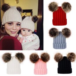 Designer Knit Hat Parent-child Winter Warm Mom Baby Beanie Ski Cap Head Hooded Caps for Women Girls Kids with Hair Ball Party Hats EEA560