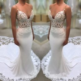 Glamorous Spaghetti Mermaid Wedding Dresses Illusion Lace Appliqued Sweep Train Boho Beach Wedding Gowns vestido de novia
