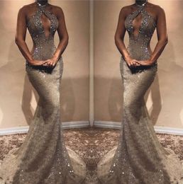 African Keyhole Neck Mermaid Hollow Out Sexy Prom Dresses Backless Mermaid Cutaway Sides Crystal Beads Evening Gowns BC0408