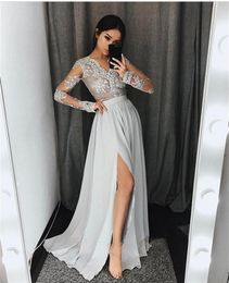 Sier Grey Sheer Sleeves Prom Dresses Long V Neck Appliques Lace Chiffon Formal Party Gowns with High Split Modest Evening Gowns