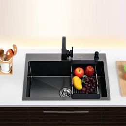 Black single kitchen sink above counter or udermount vegetable washing basin sink