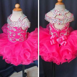 Cute 2019 Infant Mini Short Flower Girls Dresses Toddler Kids Ruffles Baby Girls Glitz Crystal Beaded Pageant Cupcake Gowns