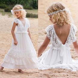 white bohemian flower girl dresses v neck lace kids formal wear girls pageant gowns backless appliqued girl dress