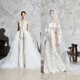 Modest Sexy Zuhair Murad Mermaid Wedding Dresses With Detachable Train V Neck Sleeveless Lace Wedding Gown Sweep Train robe de mariée