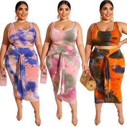 Two Piece Set Plus Size Beach Dress Tie Dye Print Sexy Night Club Sashes Sleeveless Women Summer Bodycon Party Dress
