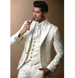 Embroidery Groomsmen Peak Lapel Groom Tuxedos Ivory Men Suits Wedding/Prom/Dinner Best Man Blazer ( Jacket+Pants+Tie+Vest ) K179