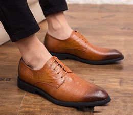 Men's Designer pointed Imitation alligator grain leather lace-up oxfords shoes Homecoming Male Wedding prom Formal Dress Shoes