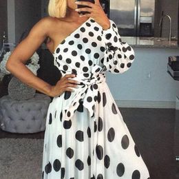 Wholesale-White Party Dress Women Summer 2019 New One Shoulder Polka Dot Sexy Dress Ladies Long Sleeve Tunic A Line Long Dresses For Women