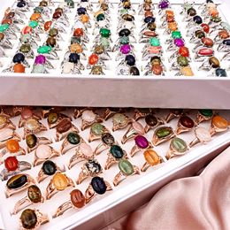 Retro 30Pcs/lot Natural Gem Stone band Rings newest beautiful Bohemia Style mixed Golden silvery Lovers charm Jewelry Fashion women and men Gifts