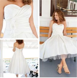 Vintage Tea Length Short Wedding Dresses Sweetheart Pleats Top A-line Taffeta Women Vintage Bridal Gowns Short Length Custom Made